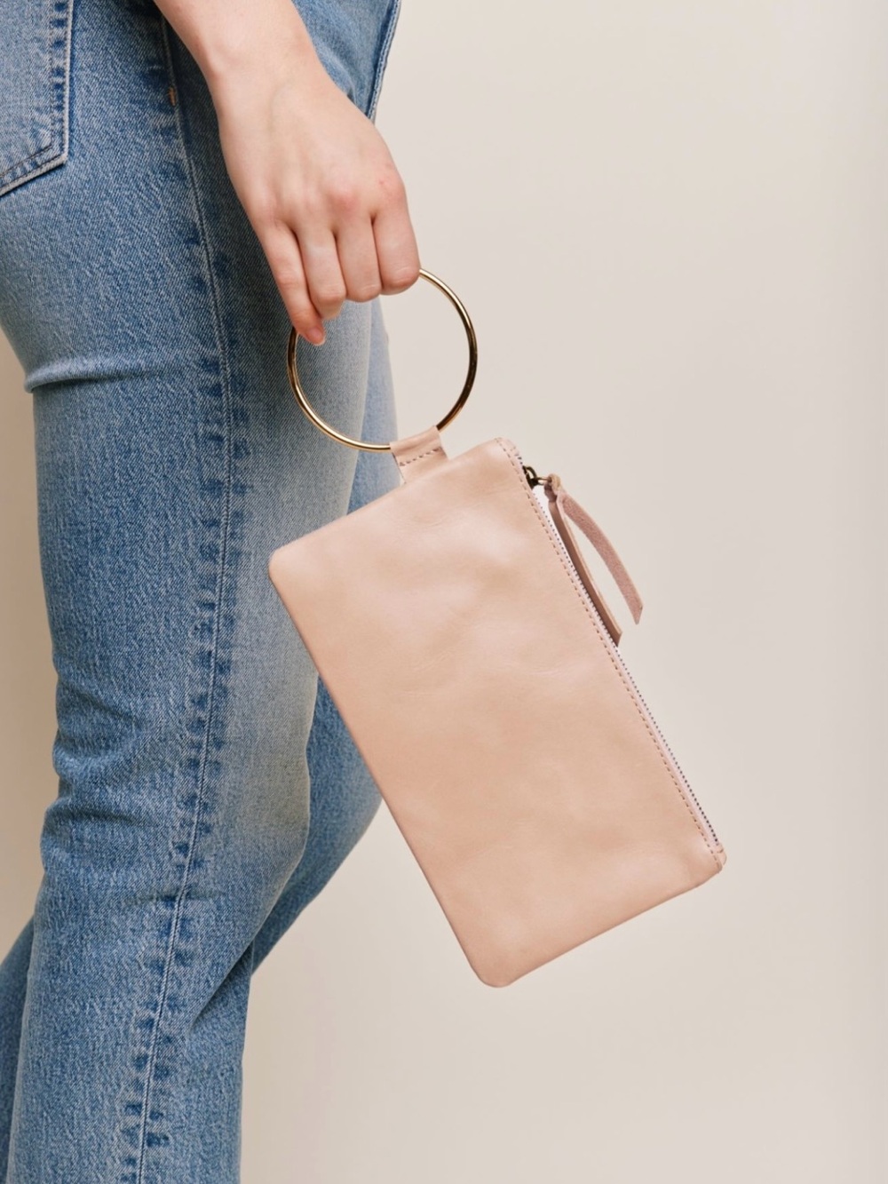 Minimalist Pink Leather Wristlet with Gold Ring Handle